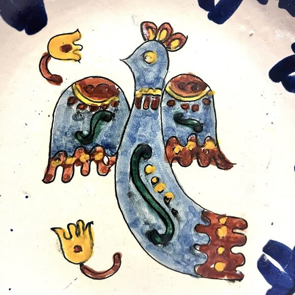 Vintage Boho Mexican Talavera Plates- Hand Painted Bird & Fish Folk Art Set of 2 - Picture 4 of 11